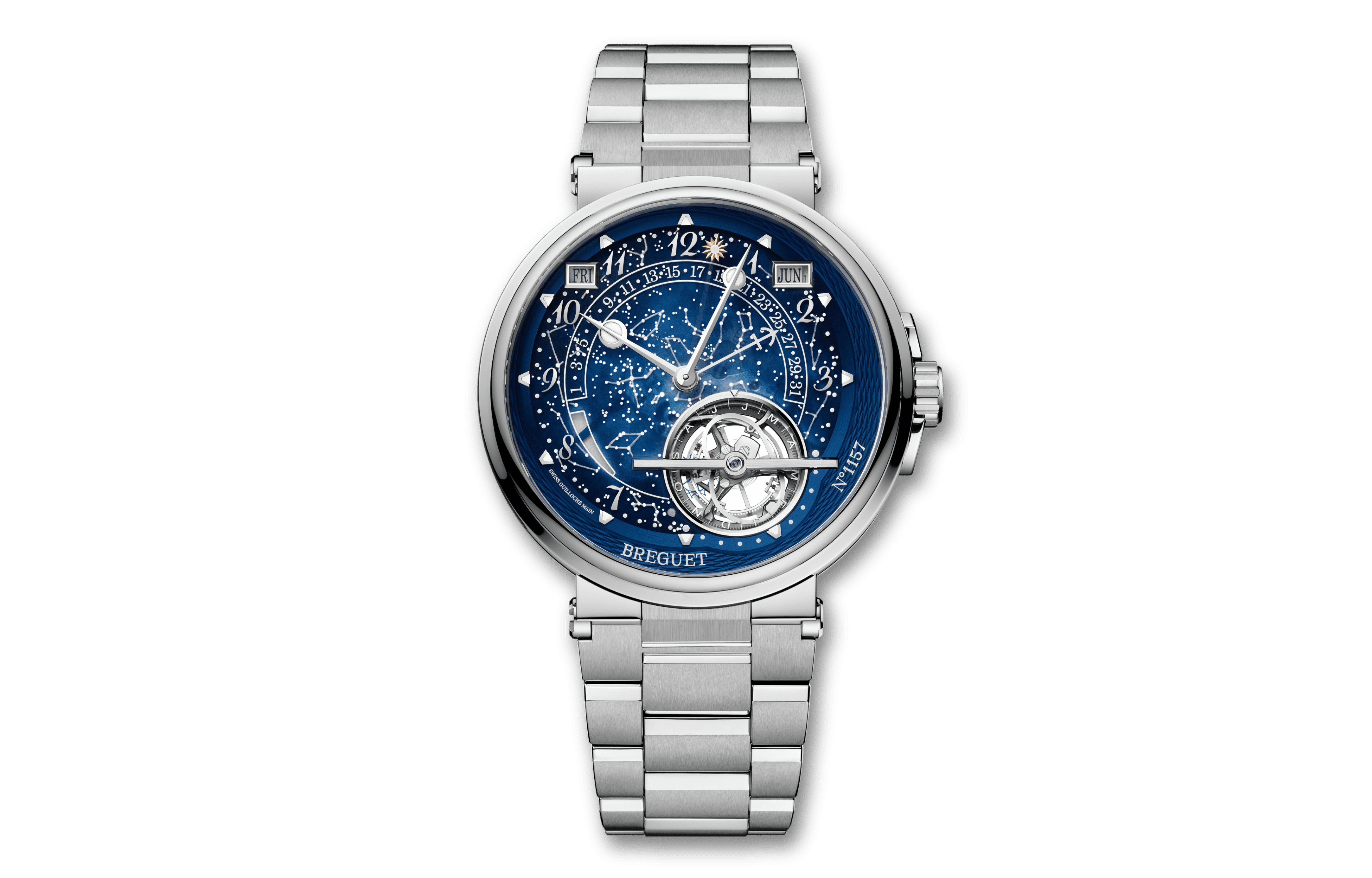 Breguet Marine Tourbillon Équation Marchante 5887 featuring a perpetual calendar, equation of time, and tourbillon with an astronomical Grand Feu enamel dial