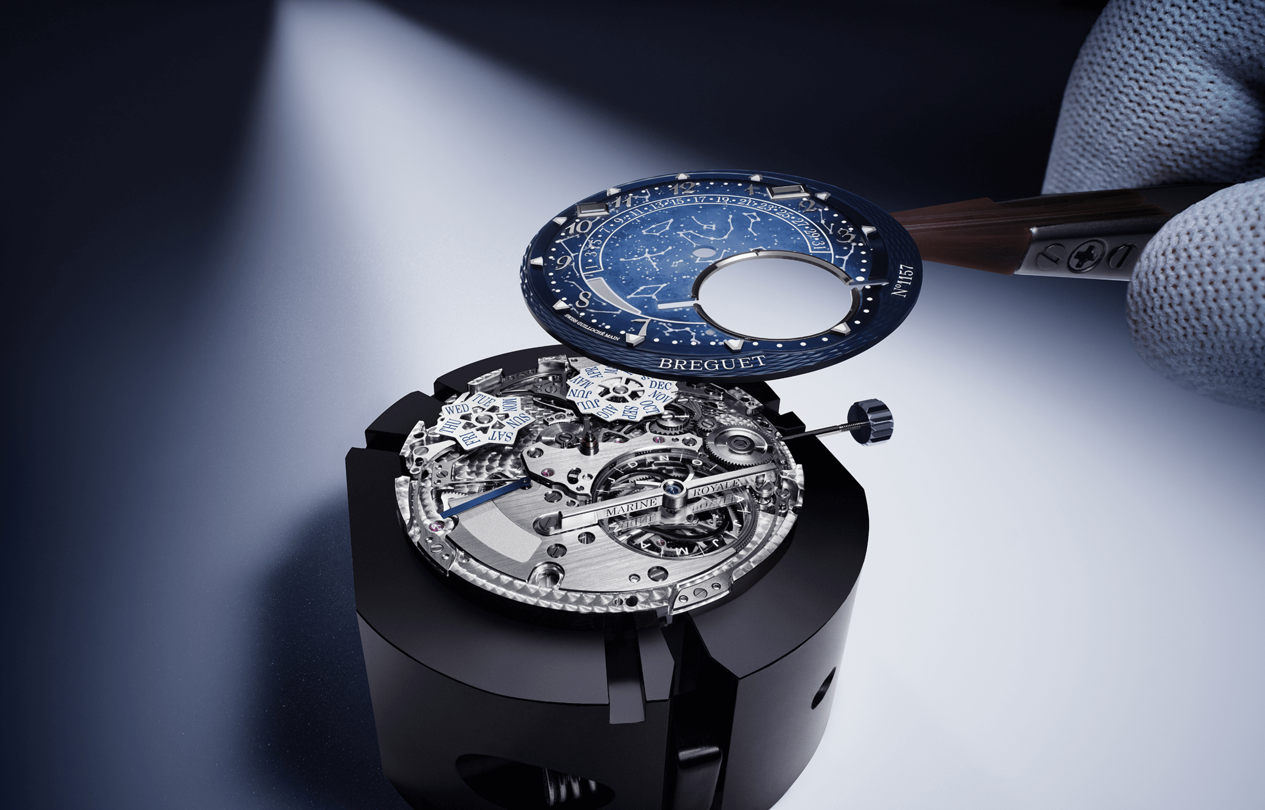 Assembly of the Breguet Marine Tourbillon Équation Marchante 5887 highlighting the personalized Grand Feu enamel night-sky dial and Caliber 581DPE