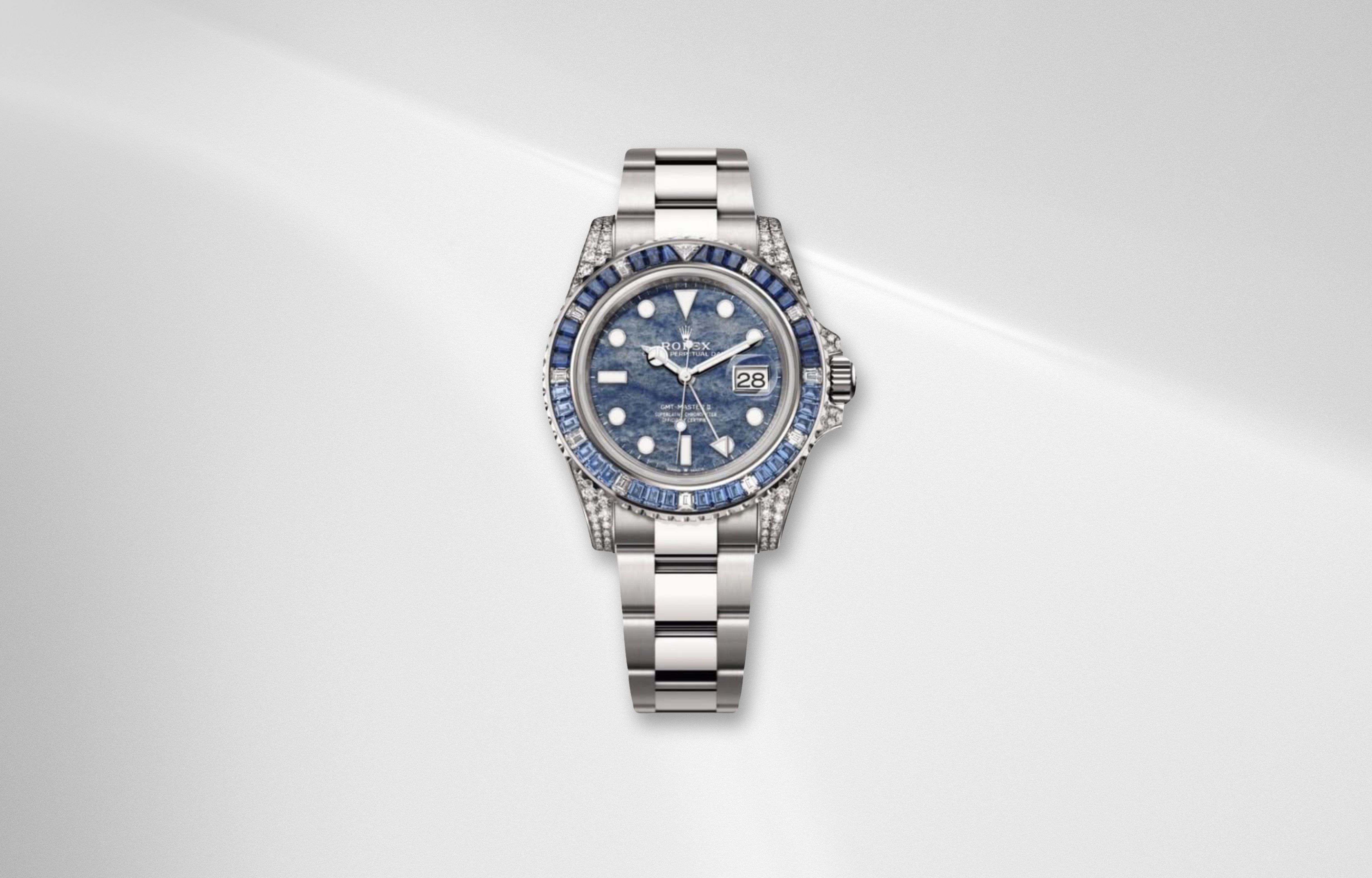 Rolex GMT Master II blue quartz dial with sapphire and diamond bezel in white gold off catalog 2026