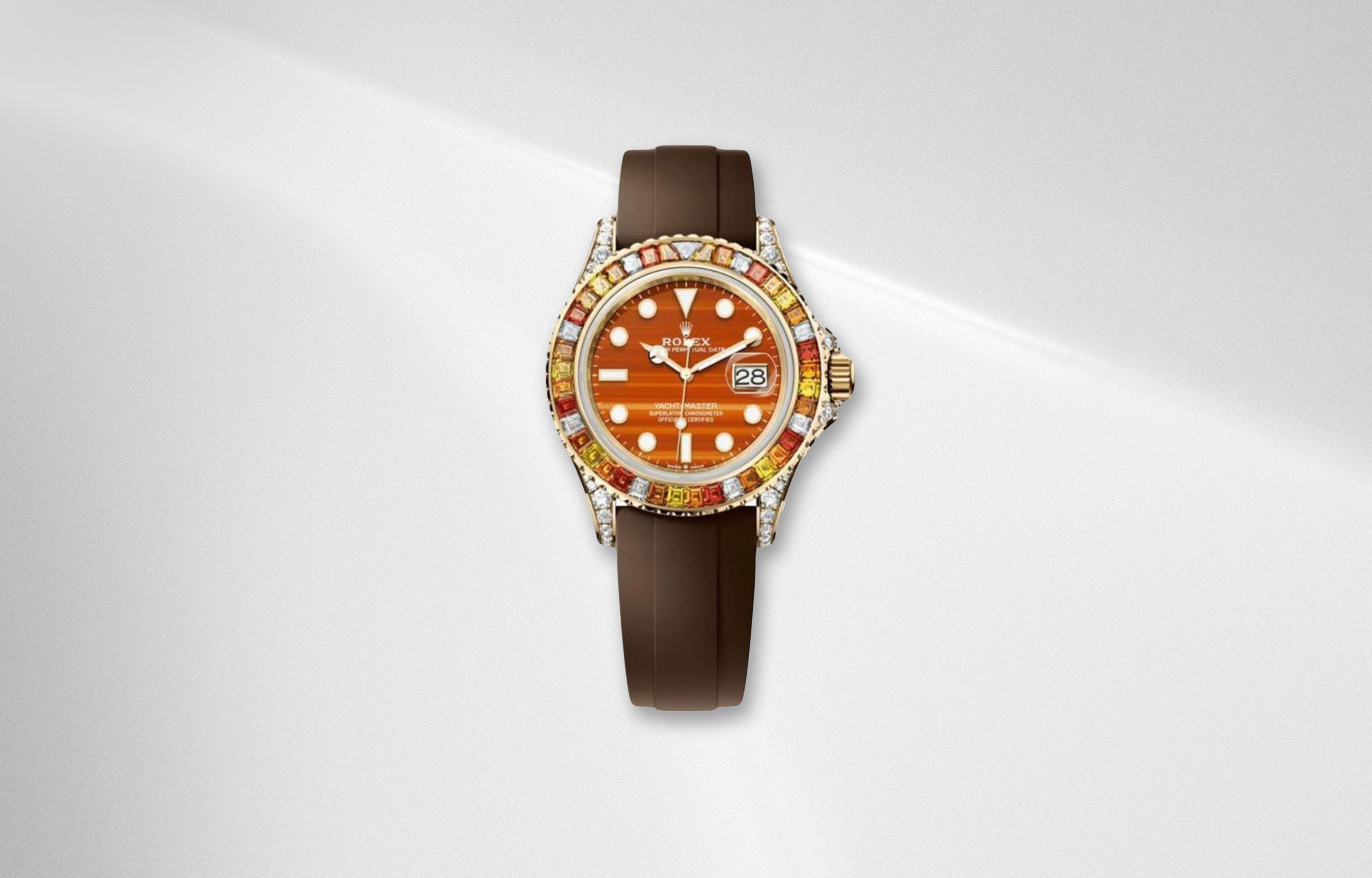 Rolex Yacht Master 40 carnelian dial with rainbow sapphire bezel and brown Oysterflex strap