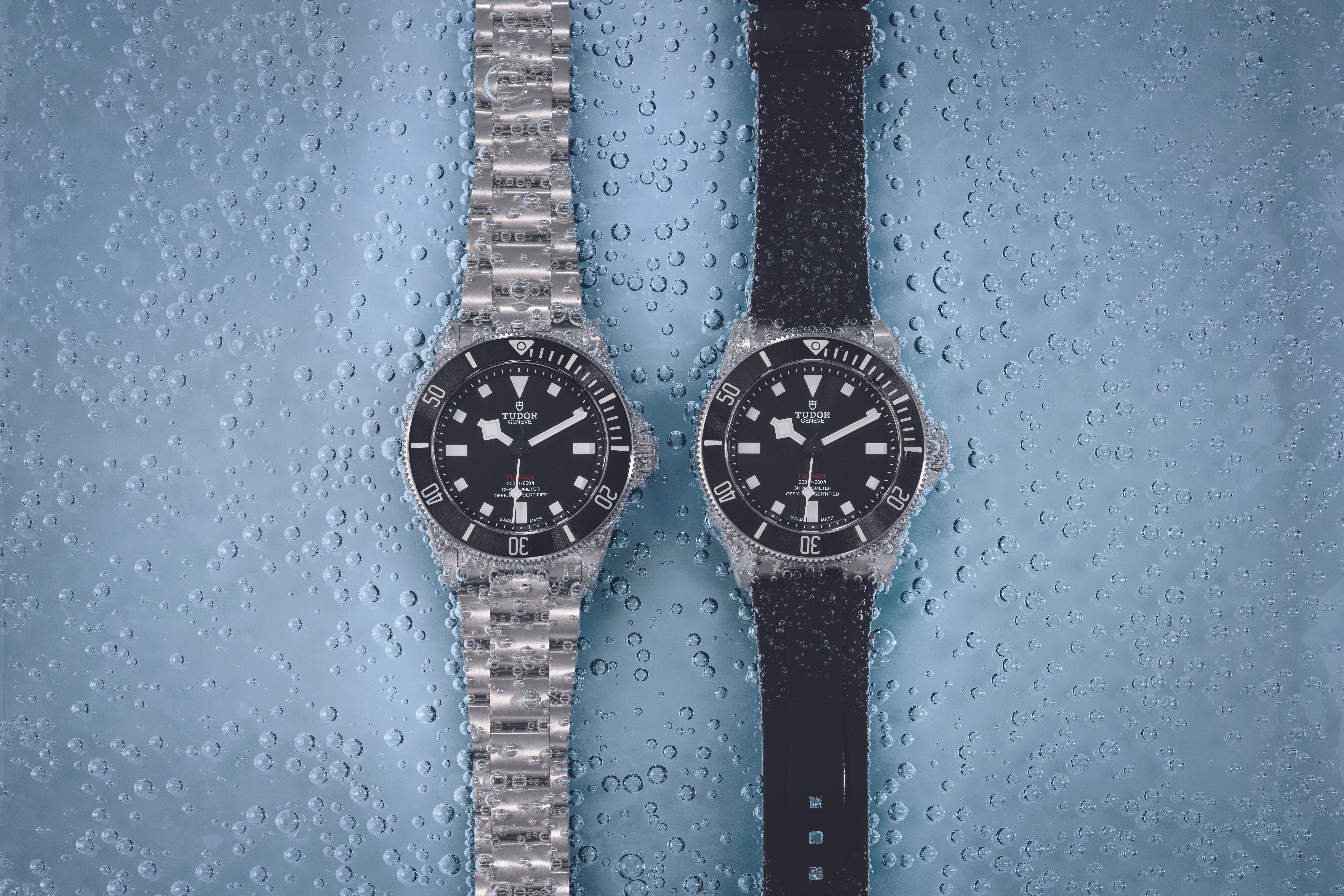Tudor Pelagos dive watches on metal bracelet and rubber strap showcasing ideal waterproof watch options for monsoon wear