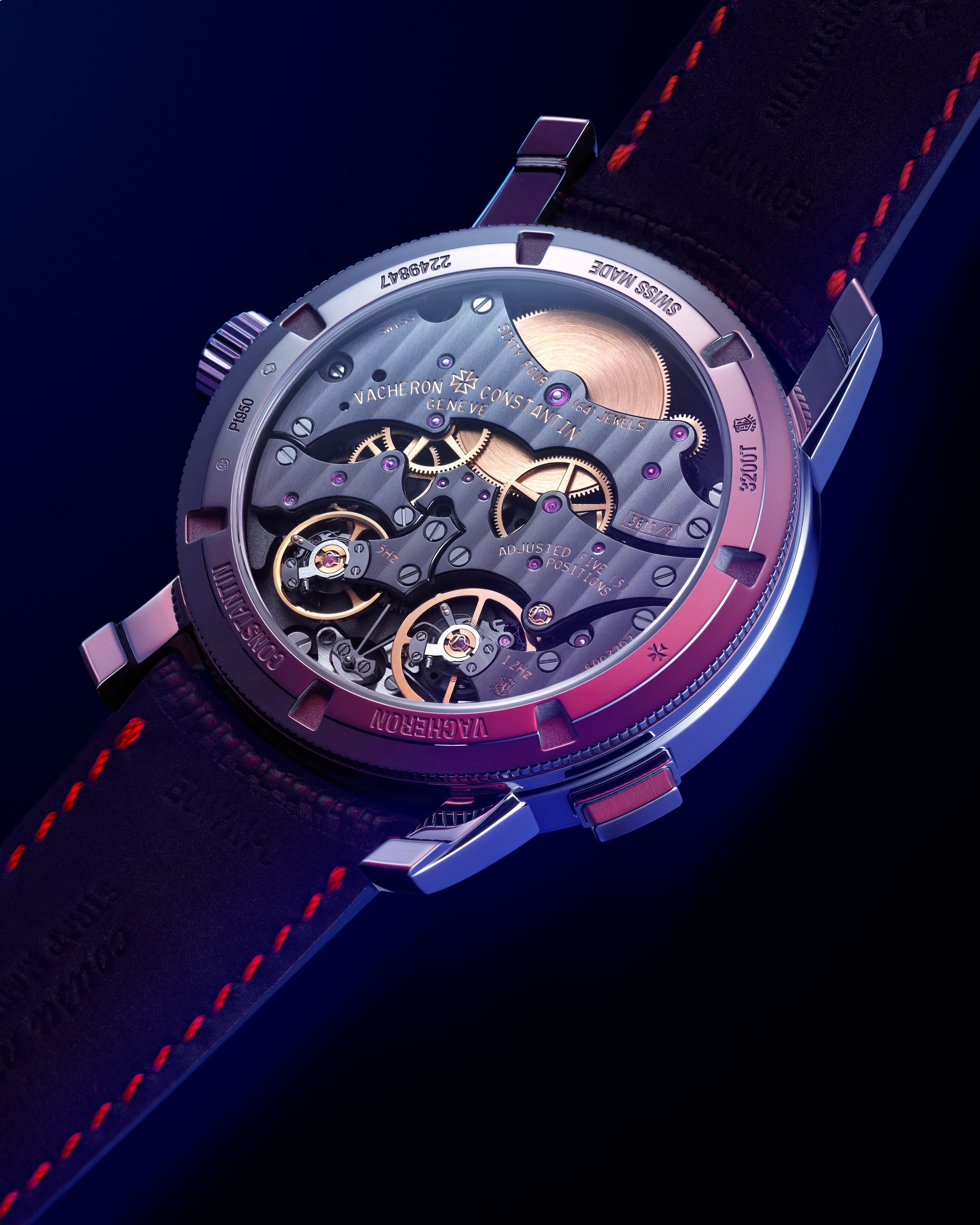 Caseback view of Vacheron Constantin Twin Beat Perpetual Calendar showing Calibre 3610 QP with hand-finished bridges and dual regulating organs