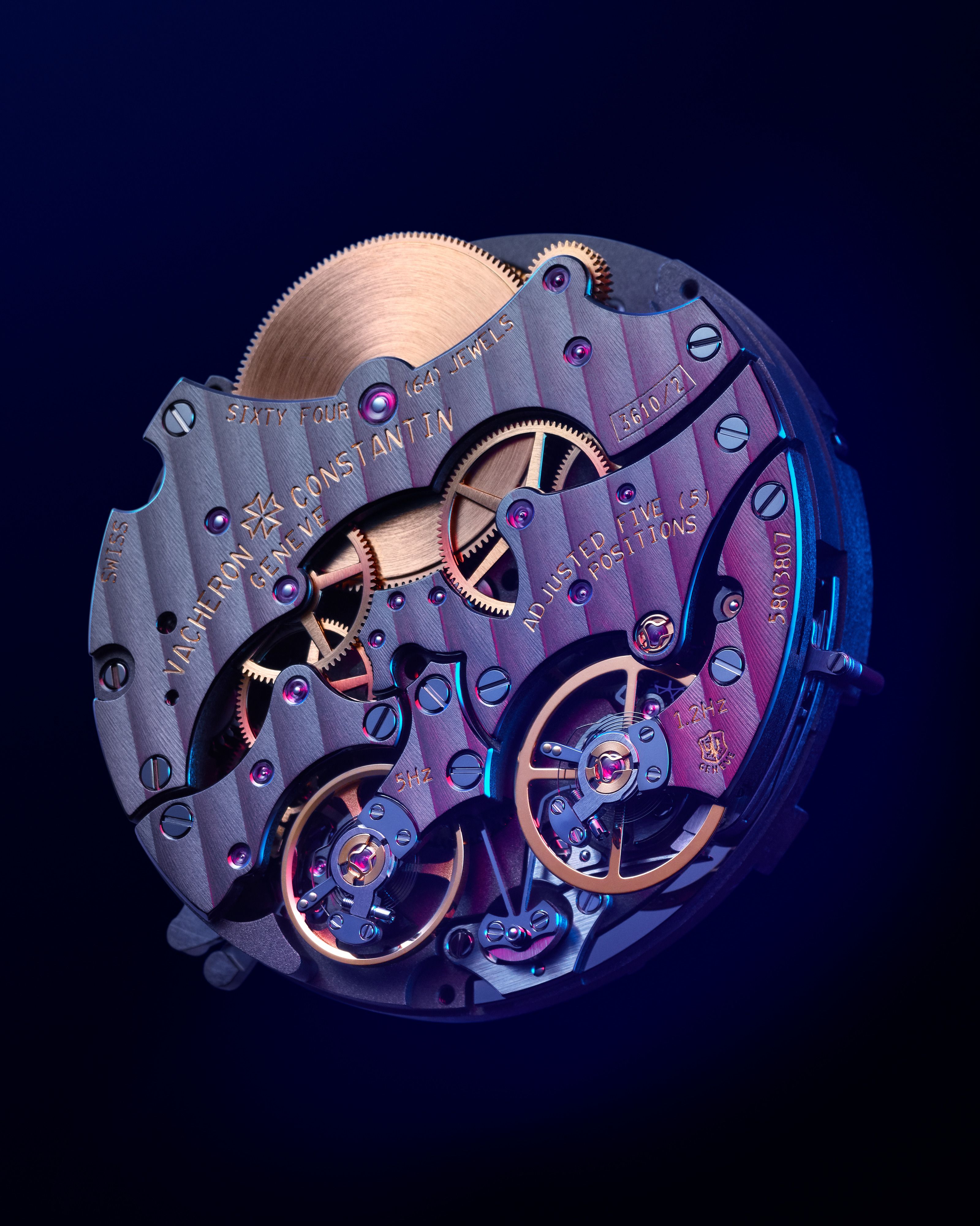 Close-up of Vacheron Constantin Twin Beat Perpetual Calendar displaying perpetual calendar indications and dual-frequency power reserve system