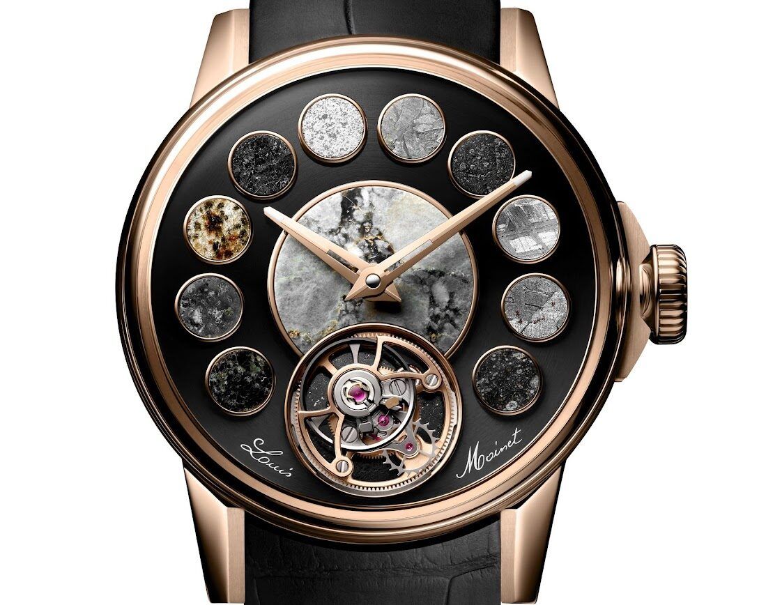 The 12 meteorites on the watch face of the Louis Moinet Cosmopolis.