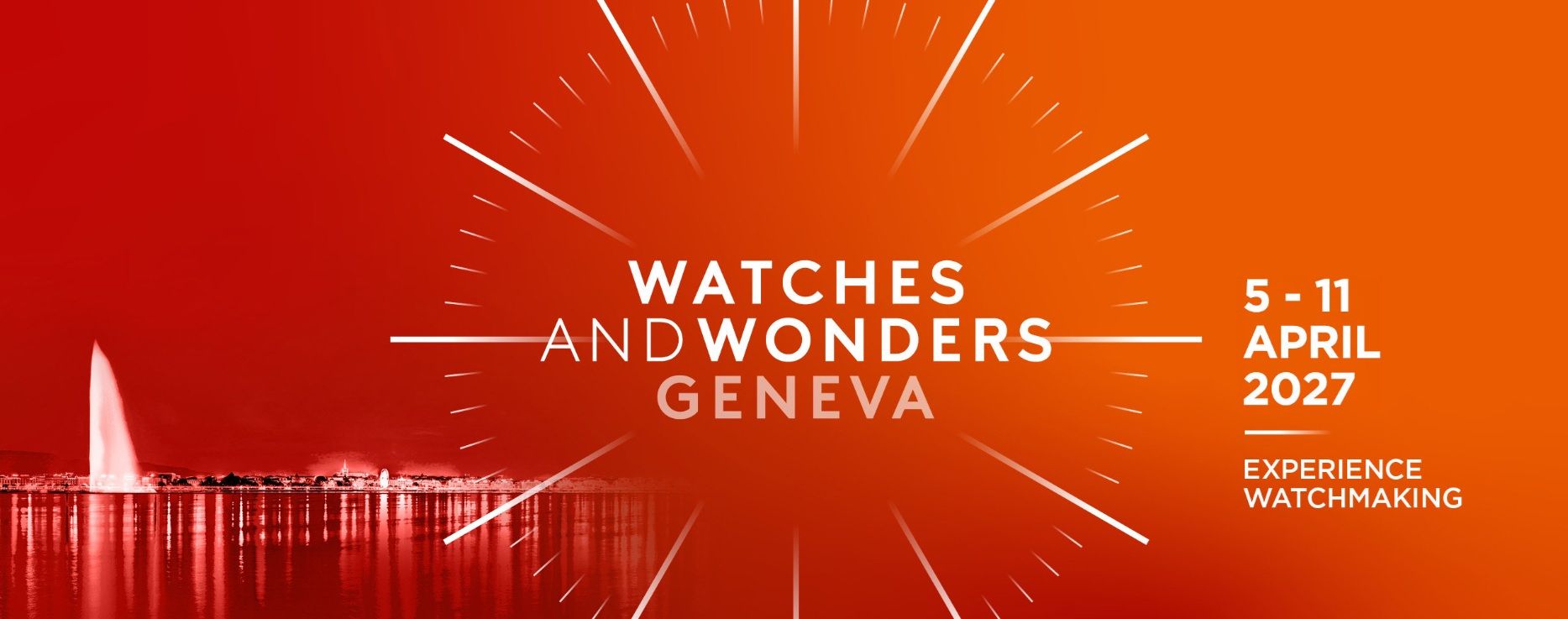 Watches and Wonders Geneva 2027 official event banner announcing the luxury watch exhibition from April 5–11, 2027, featuring new exhibitors including Breitling, Universal Genève, Gallet and Damiani.