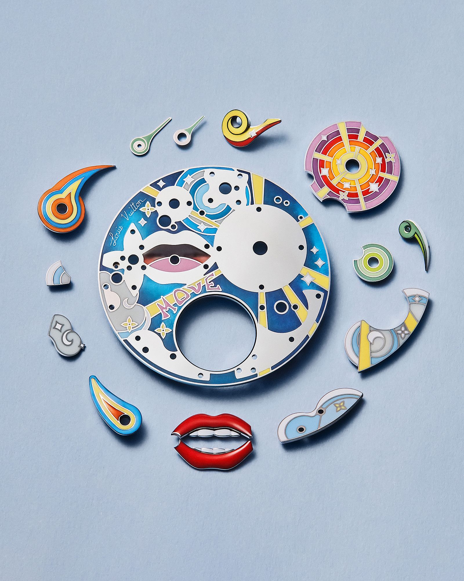 Louis Vuitton Tambour Taiko dial components showcasing colorful miniature elements and layered automata design