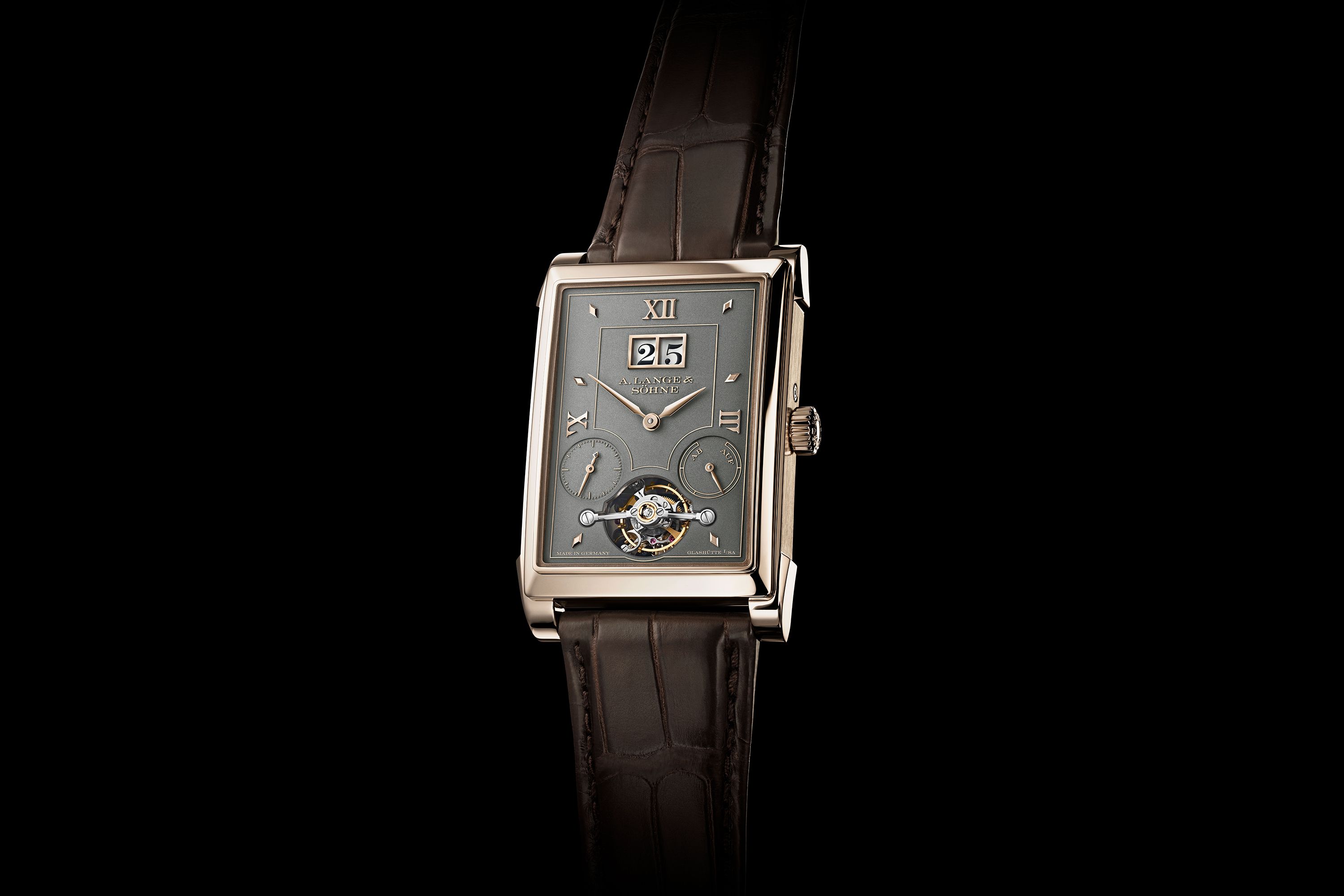 Close-up of the A. Lange Cabaret Tourbillon Honeygold showcasing the rectangular Honeygold case and tourbillon aperture
