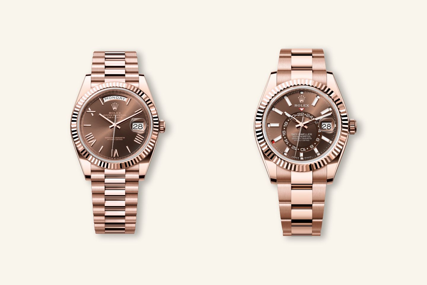 Rolex Day-Date 40 and the Sky-Dweller in Everose gold with chocolate dials