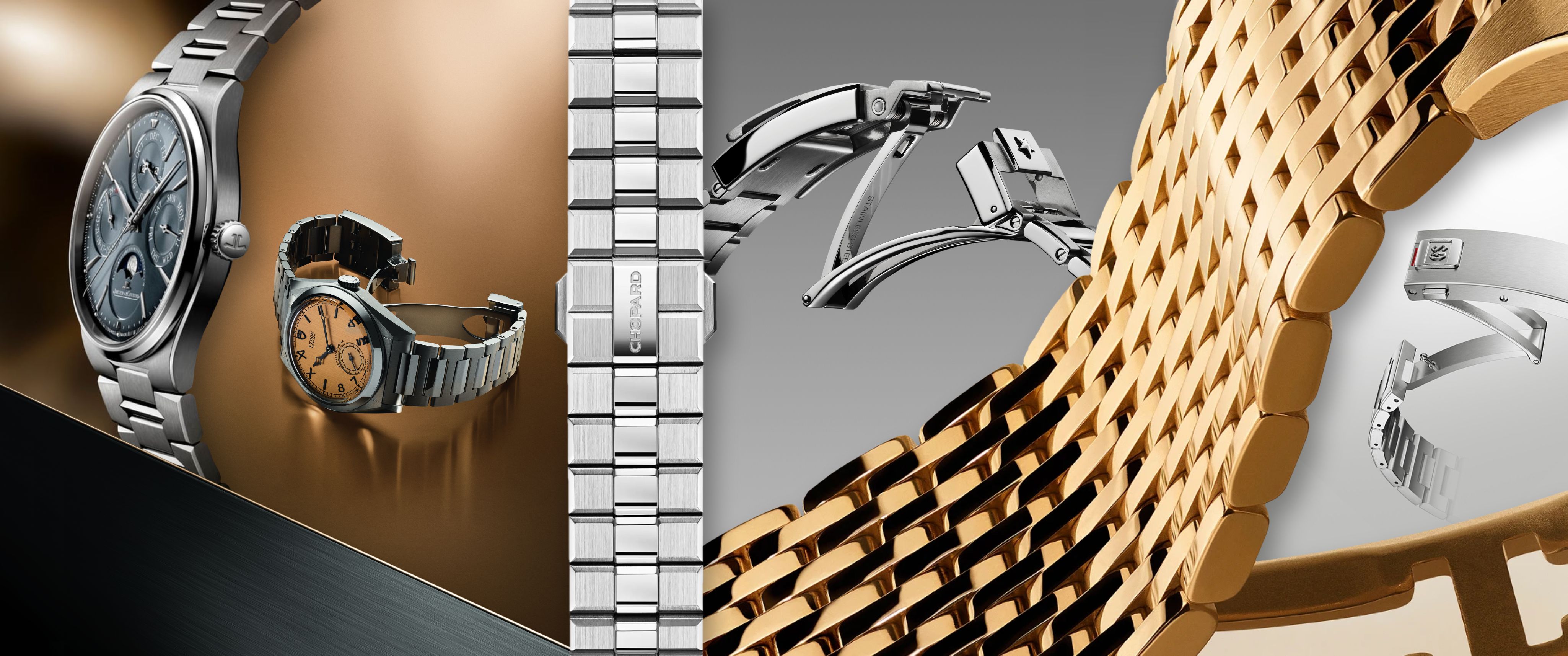 Luxury watch bracelets from Cartier Zenith Tudor and Chopard showcased at Watches And Wonders 2026 featuring mesh integrated and micro adjustment designs