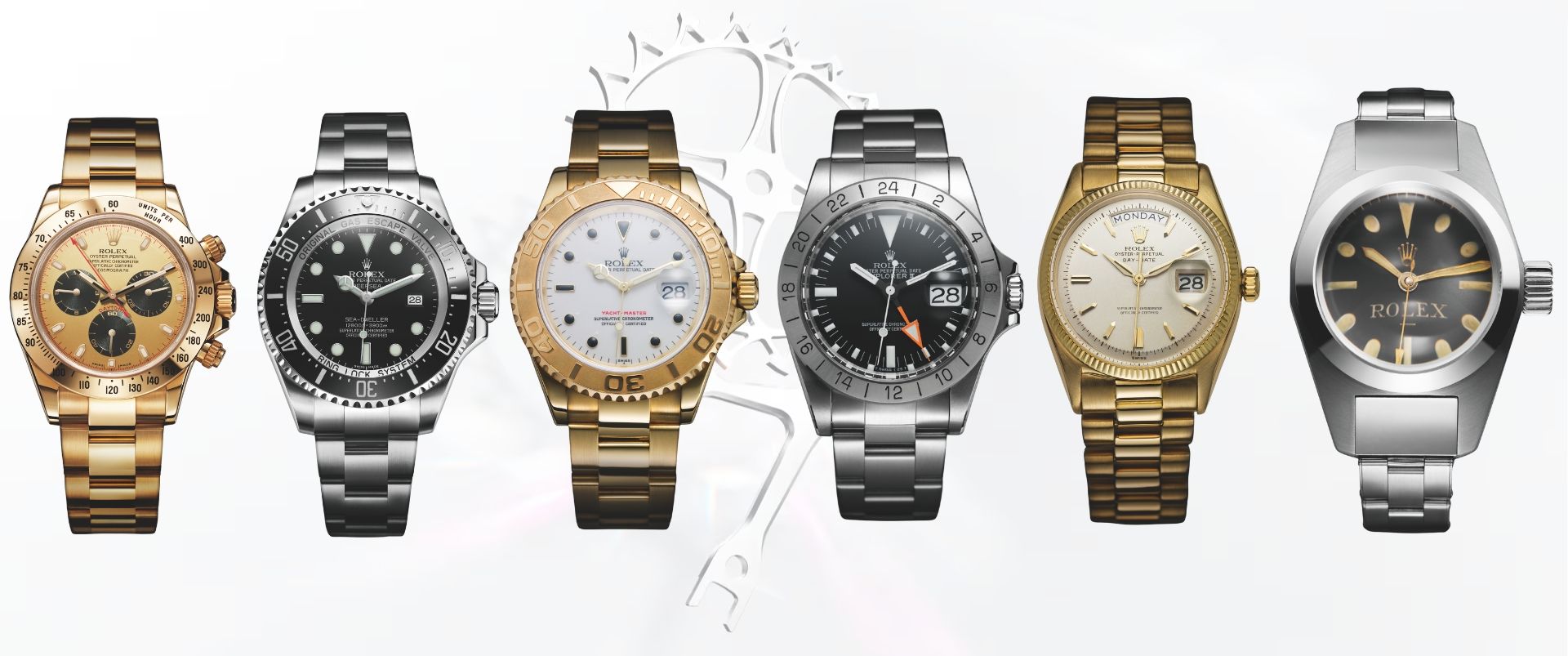 Rolex Oyster collection lineup showcasing iconic models including Daytona, Submariner, GMT-Master and Day-Date