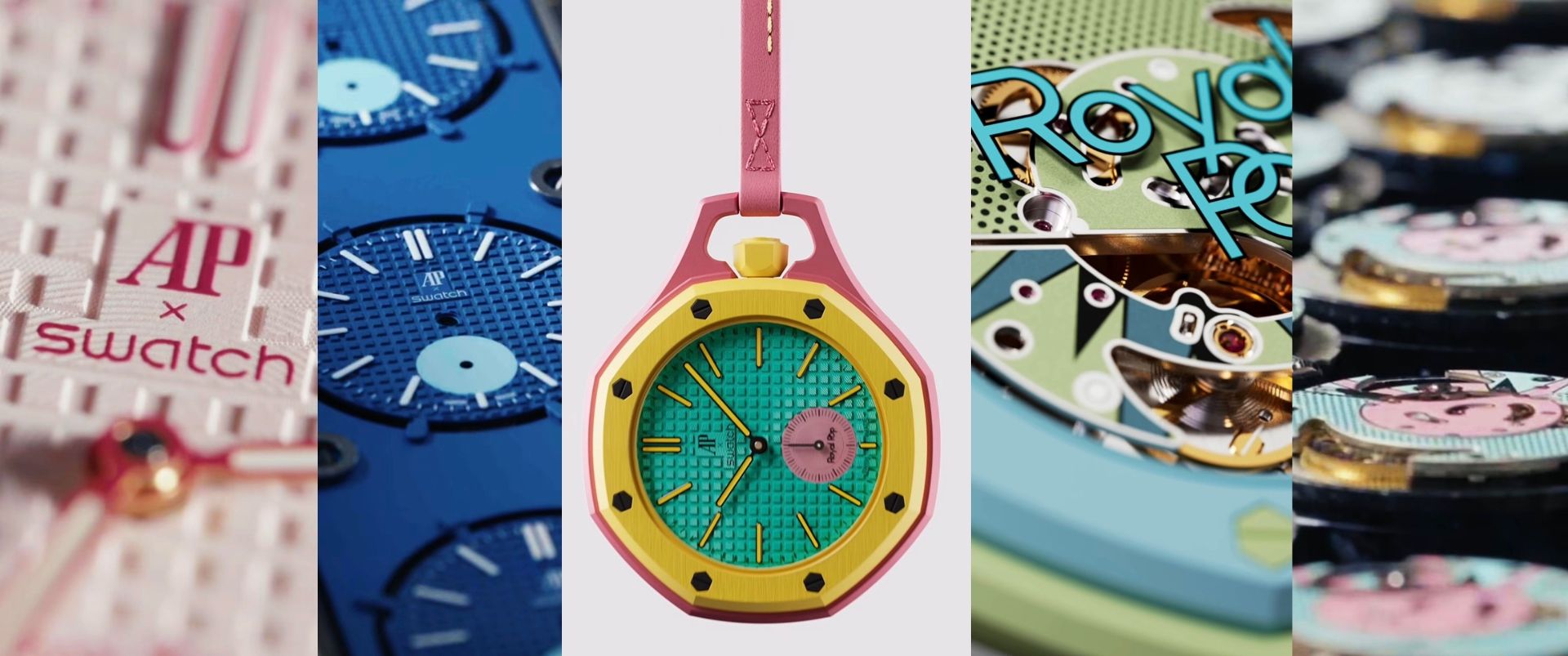 Swatch x Audemars Piguet Royal Pop collaboration featuring colourful pocket watches and hand-wound Sistem51 movement details