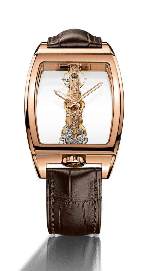 Corum Golden Bridge skeletonized watch featuring fully exposed linear movement and transparent dial architecture