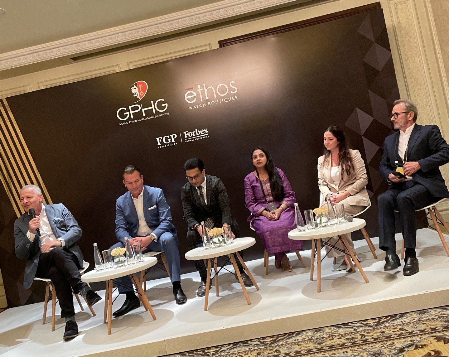 Patrik Hoffmann, EVP Watchbox Europe, Jan Edocs, CEO, Doxa Watches, Mohit Hemdev, Country Manager in India for Officine Panerai, Suparna Mitra, Chief Executive Officer - Watches and Wearables division TITAN ,Leila Kamali, Oris Watches and Raymond Loretan, President GPHG