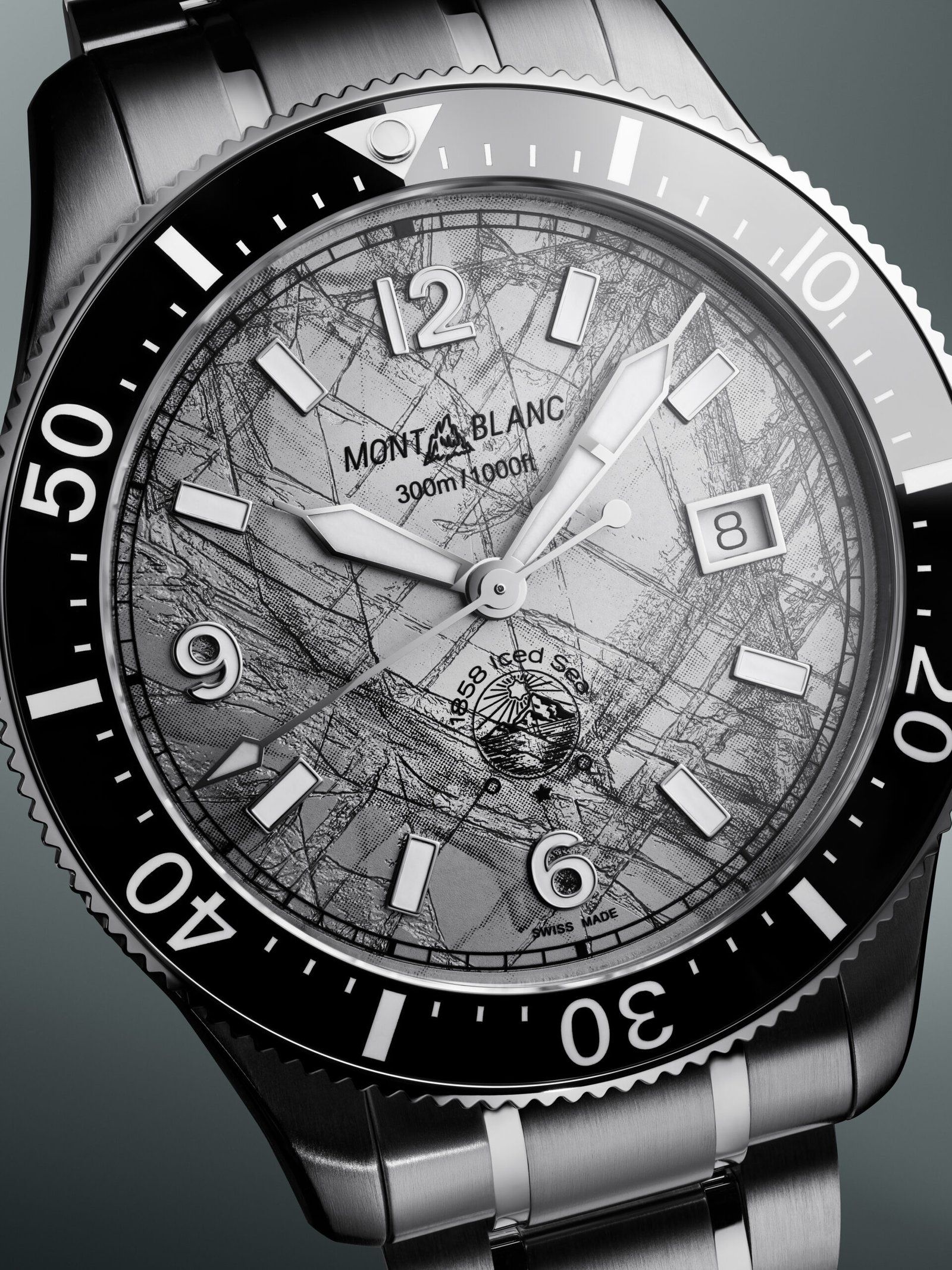 The Montblanc 1858 Iced Sea Automatic Date in grey features the first glacier dial in the watchmaking industry