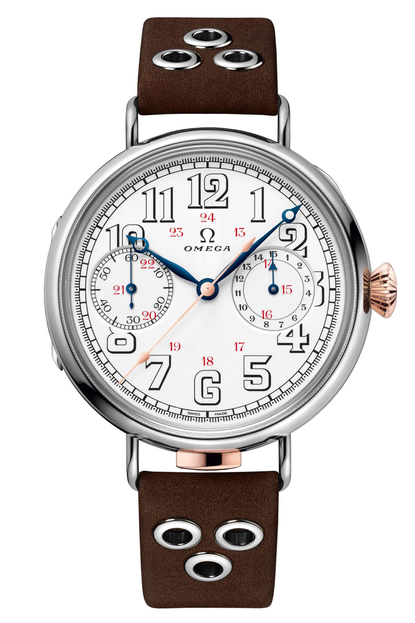 Riveted leather band and the white enamel dial with blued "Empire" hands and hollow Arabic numerals.