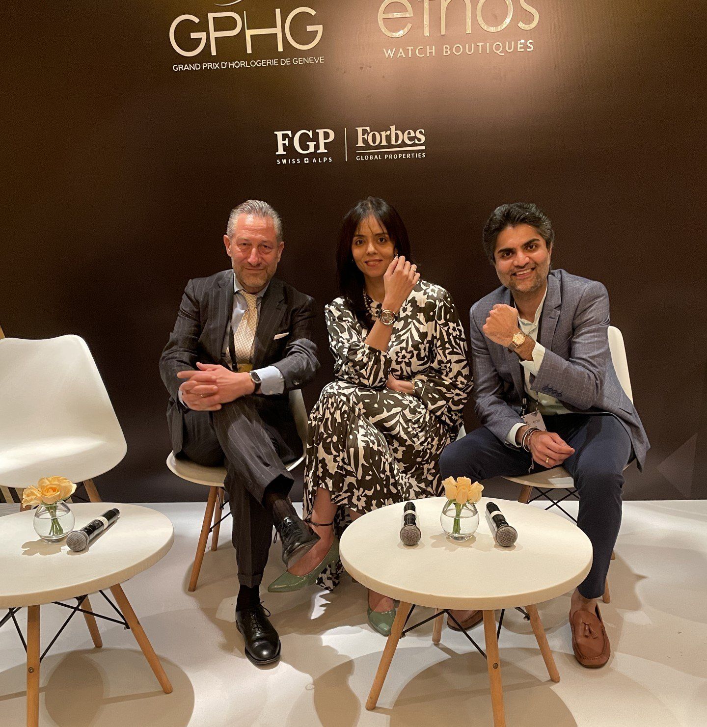 Aurel Bacs with his Ellipse, Karishma Karer with the MAD 1 & Punit Mehta with his vintage Omega at the GPHG exhibit in Delhi.