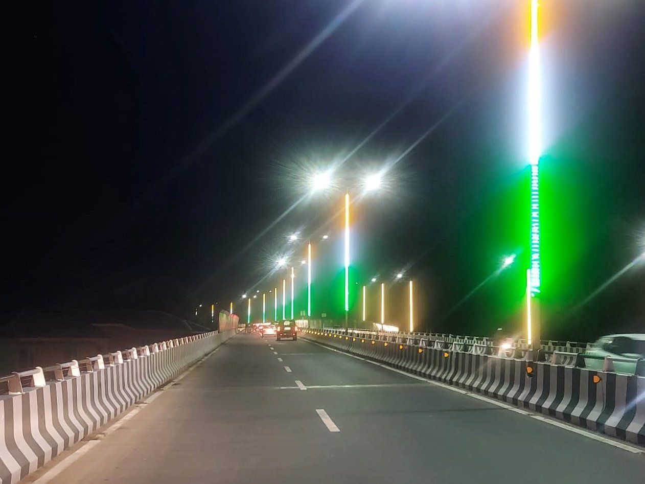 Srinagar's Jehangir Chowk flyover illuminated in tricolor hues in preparation for Independence Day celebrations