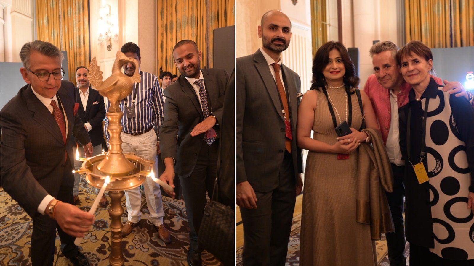 L: Yashowardhan Saboo and Pranav Saboo, CEO of Ethos lighting the traditional lamps. R: Juhi Chaturvedi, Senior Vice President, Ethos with Mr. & Mrs.Jean Marie Schaller