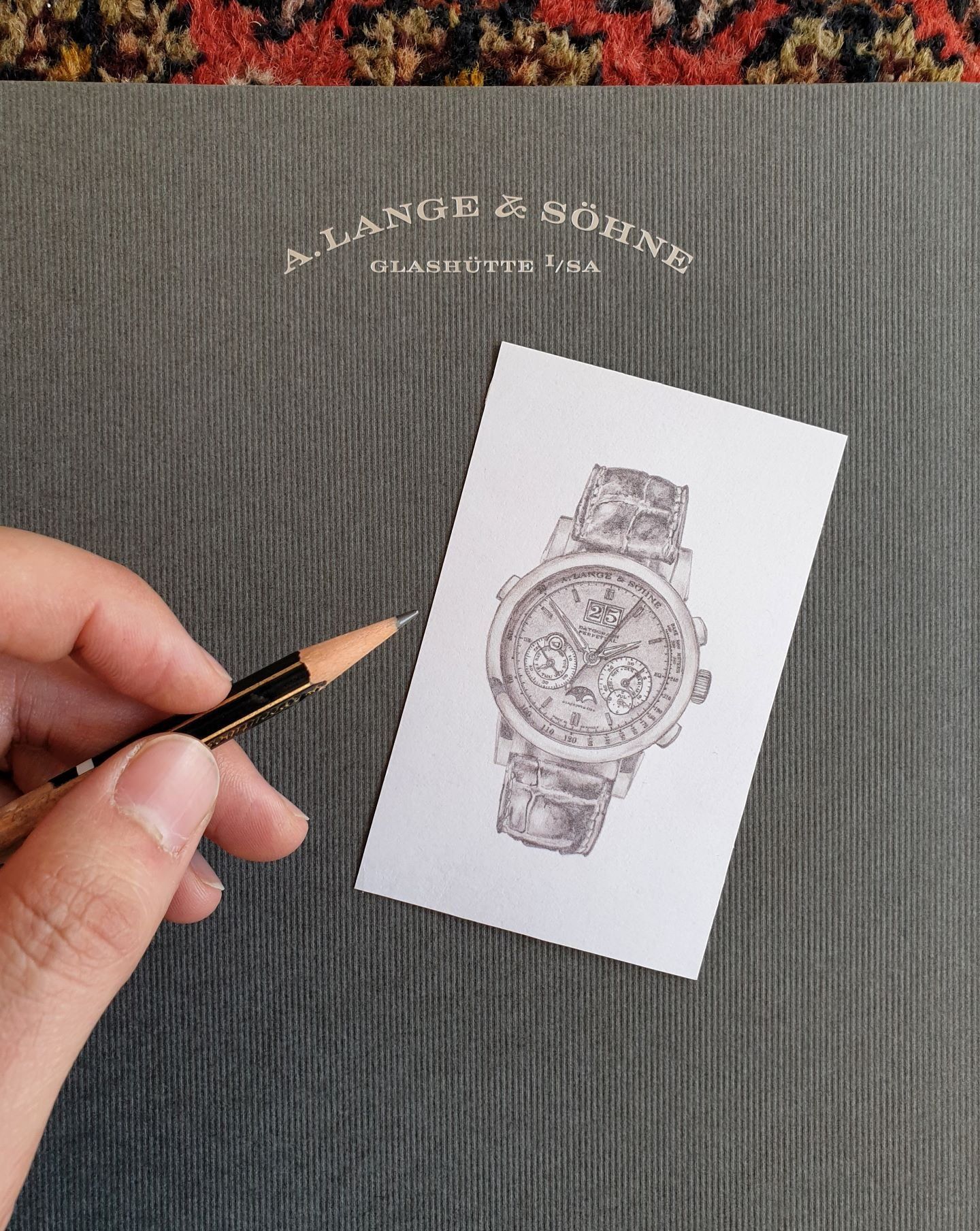 A pencil sketch of the A. Lange & Söhne Datograph Perpetual timepiece in 1:1 scale