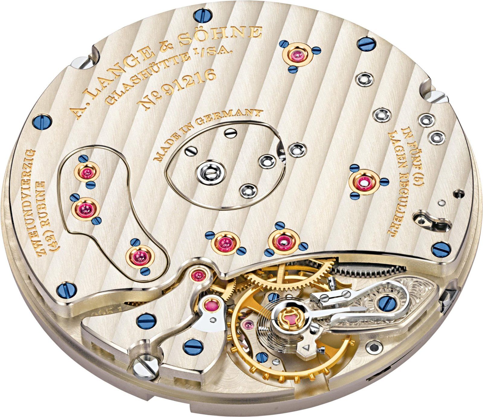 The mechanism behind the Grand Lange 1, visible through the sapphire crystal caseback