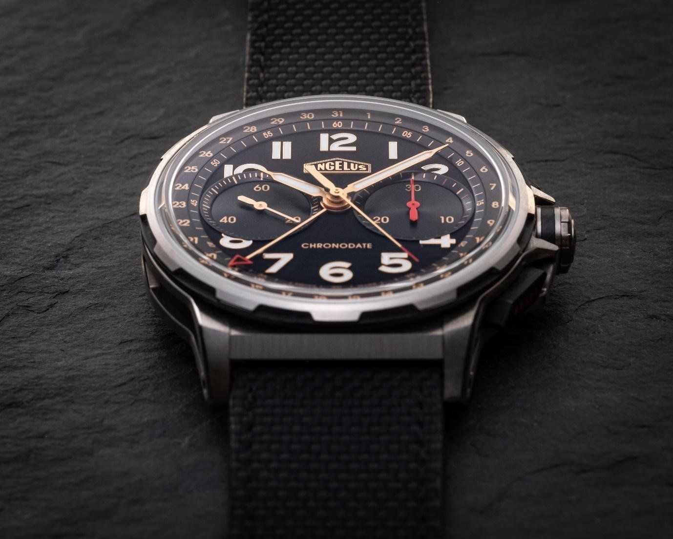 The Angelus Chronodate features a modular-styled case construction
