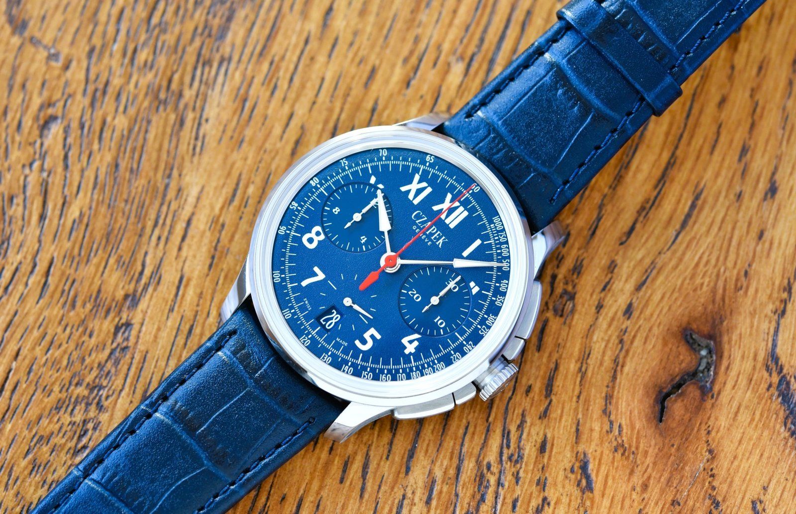 The California Blue features a deep and intense blue grainé dial