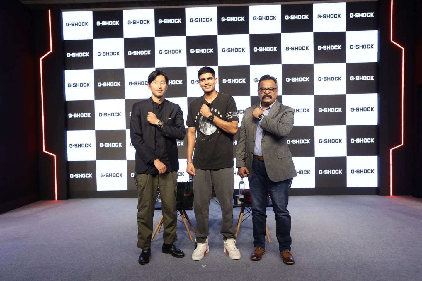 Mr. Hideki Imai, MD, Casio India, along with Mr. Eklavya Neogi, Head of Sales & Marketing Division at Casio India and Indian cricketer & brand ambassador of G-SHOCK, Shubman Gill unveiling 'Rise Above the Shocks' campaign