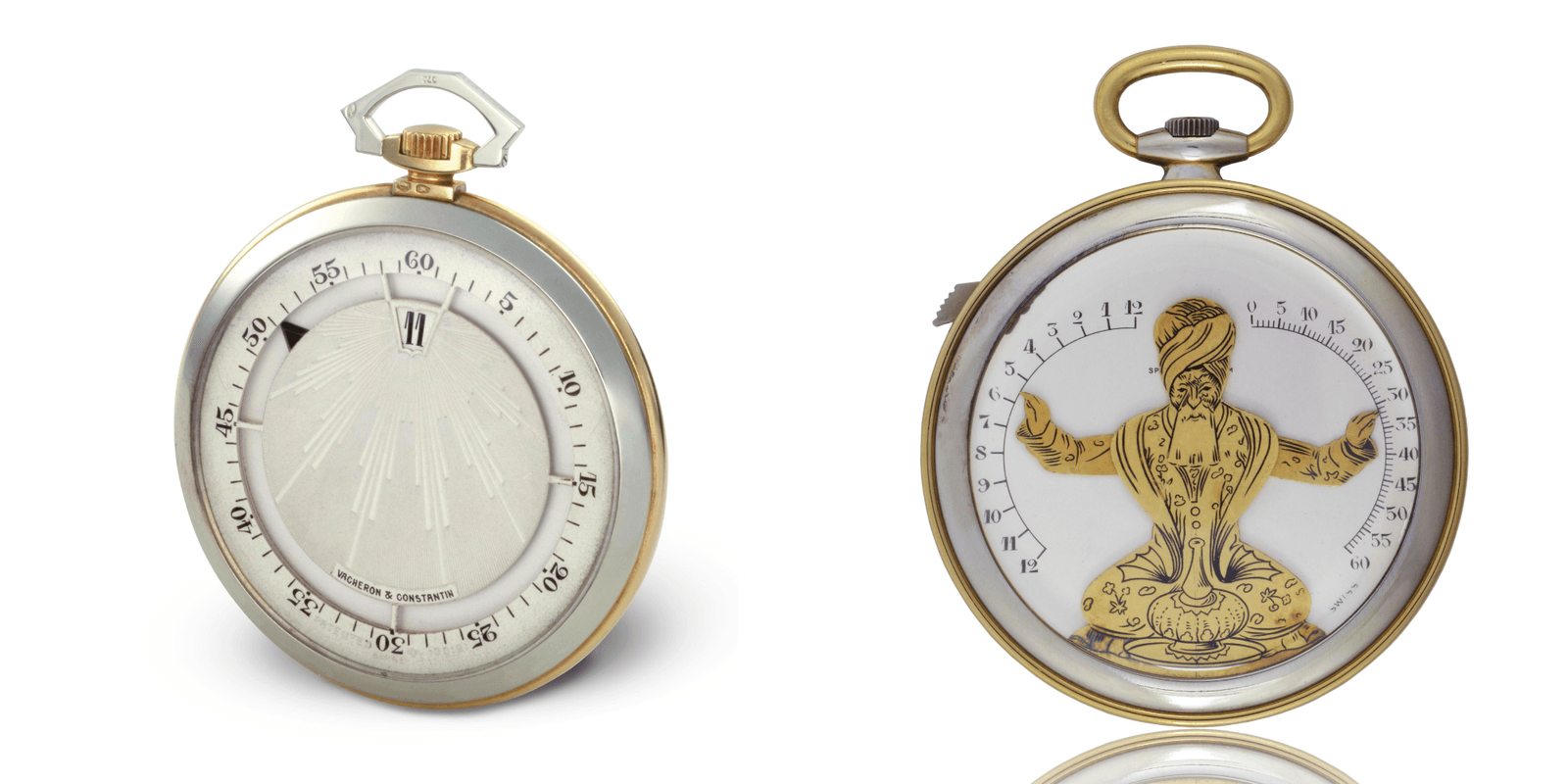 L- Pocket watch with jumping hour and minutes displayed beneath the dial by a hand (Ref. Inv. 10152) - 1929 and R- “Arms in the air” two-tone yellow and white gold pocket watch, bi-retrograde display (Ref. Inv. 11060) -1930