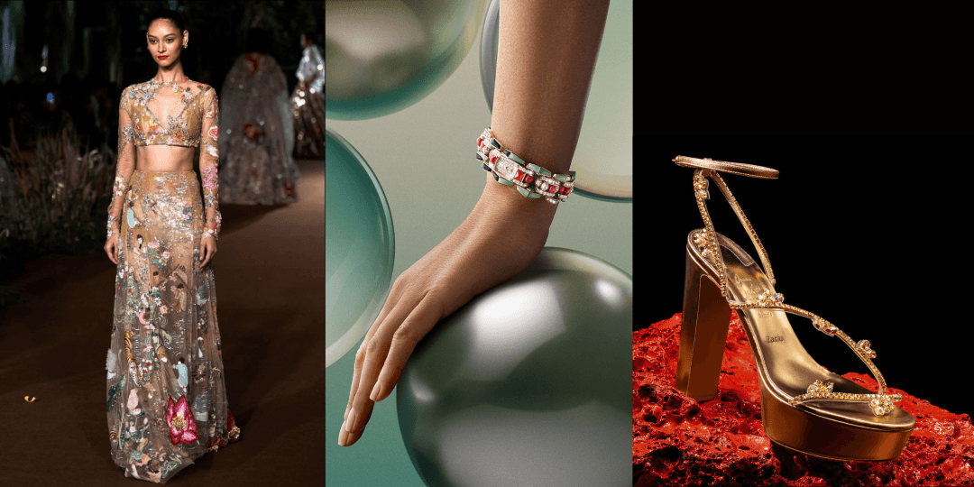 Delicate elegance: Rahul Mishra Couture 2023 + Cartier Clash [Un]limited + Christian Louboutin India Wedding Edit Super Jolie Queen heels 