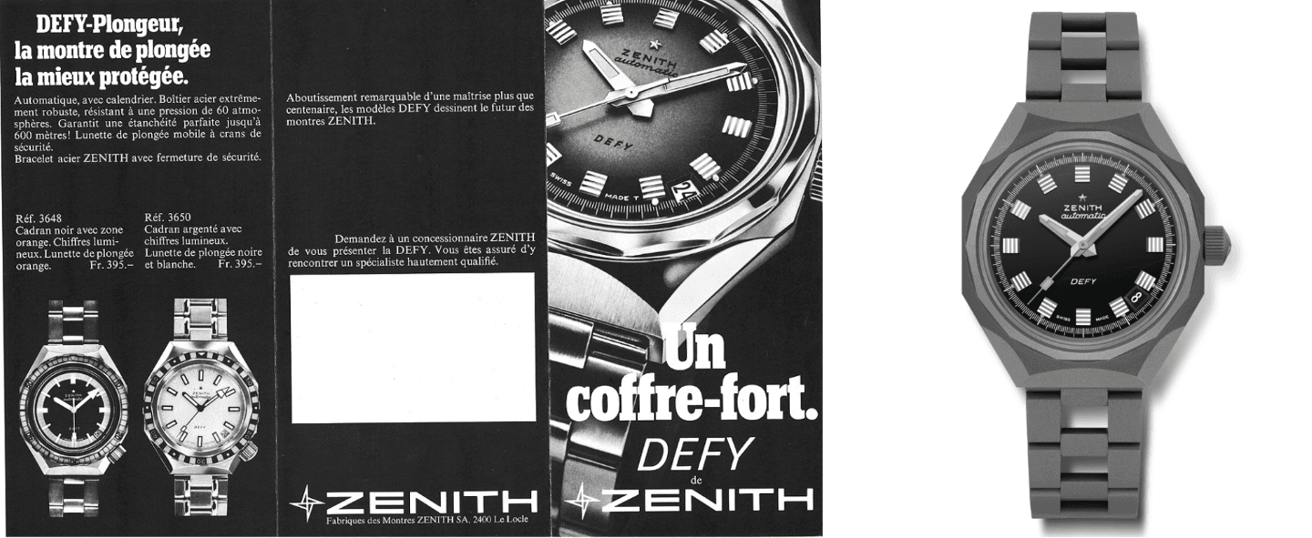 The first Defy wristwatch was revived from the Francophone ‘Défi’ moniker that Zenith had used for pocket watches in 1902. The 1969 edition featured an unconventional octagonal case and 14-sided bezel, sharply defined lines and facets coupled with a steel ladder-style bracelet as seen in the ad above. The 2023 edition presents a monolithic version of the 1969 original in titanium backed with the Elite 670 movement 