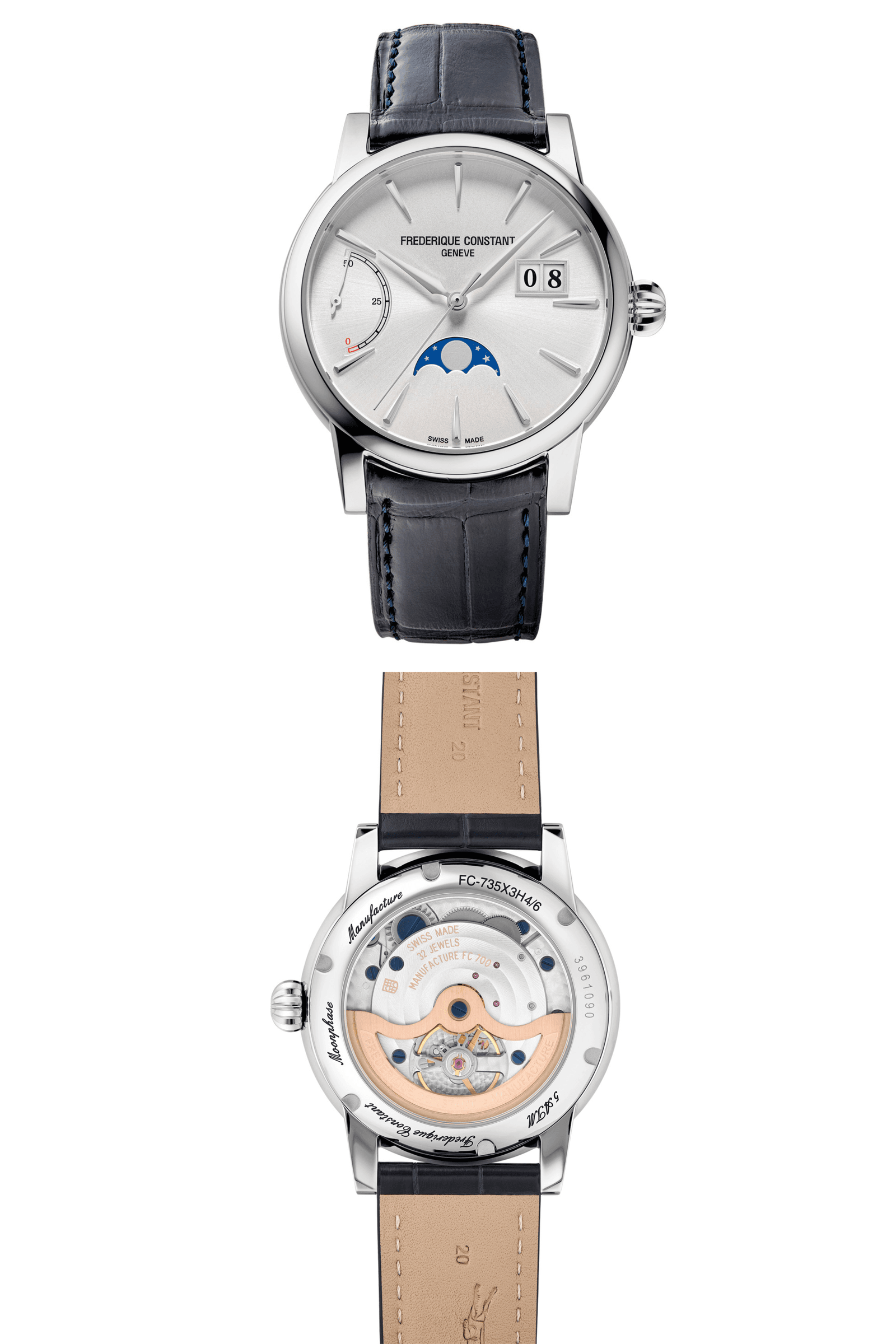 The Frederique Constant Classic Power Reserve Big Date Manufacture watches are powered the FC-735 - the first calibre from the firm to offer a big date, a moon phase and a power reserve indicator.