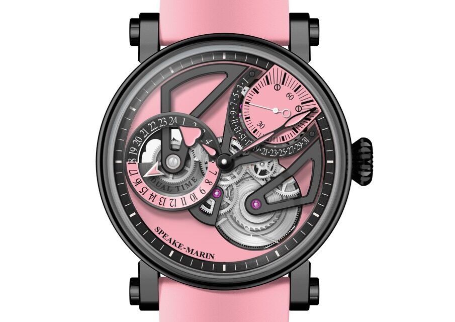 The open-worked dial displays a warm mix of black PVD adorned with a Rose matte tint