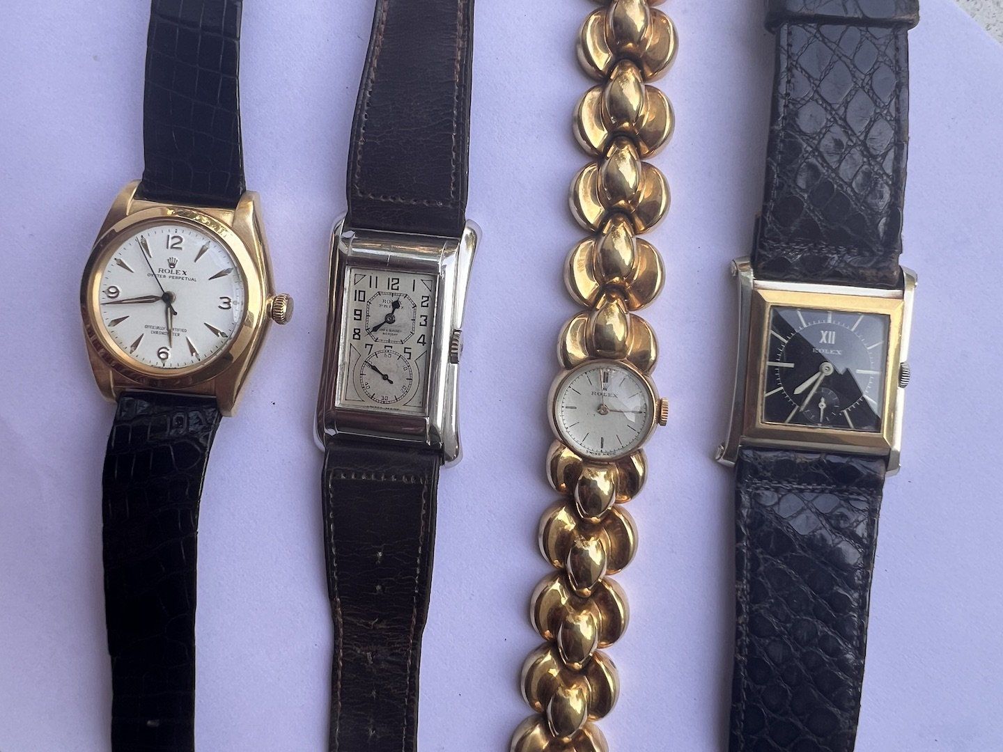 Left to right: Rolex Bubbleback Oyster Perpetual 1940, Rolex Prince Brancard wrist watch,1920