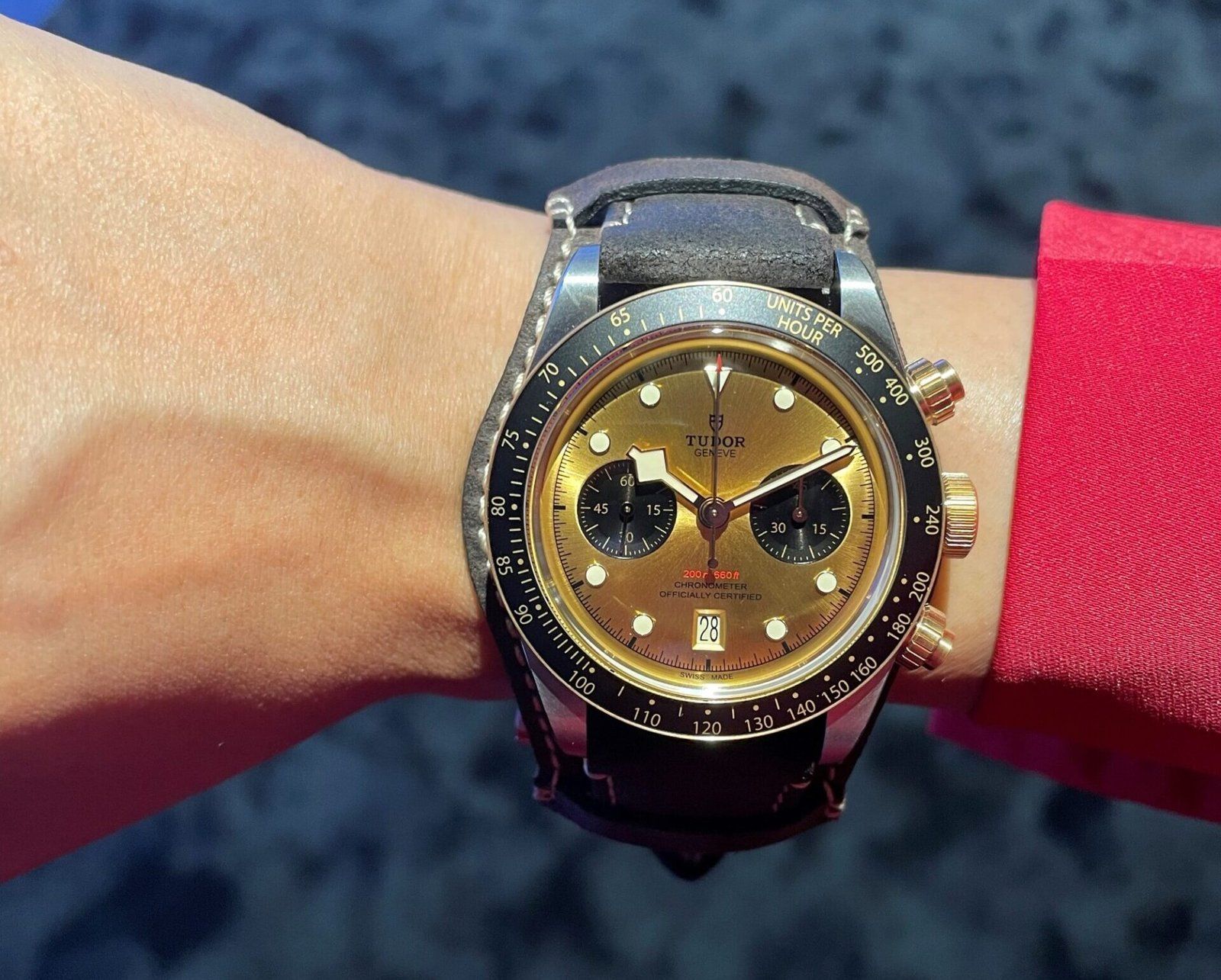The watch comes with a calf strap.