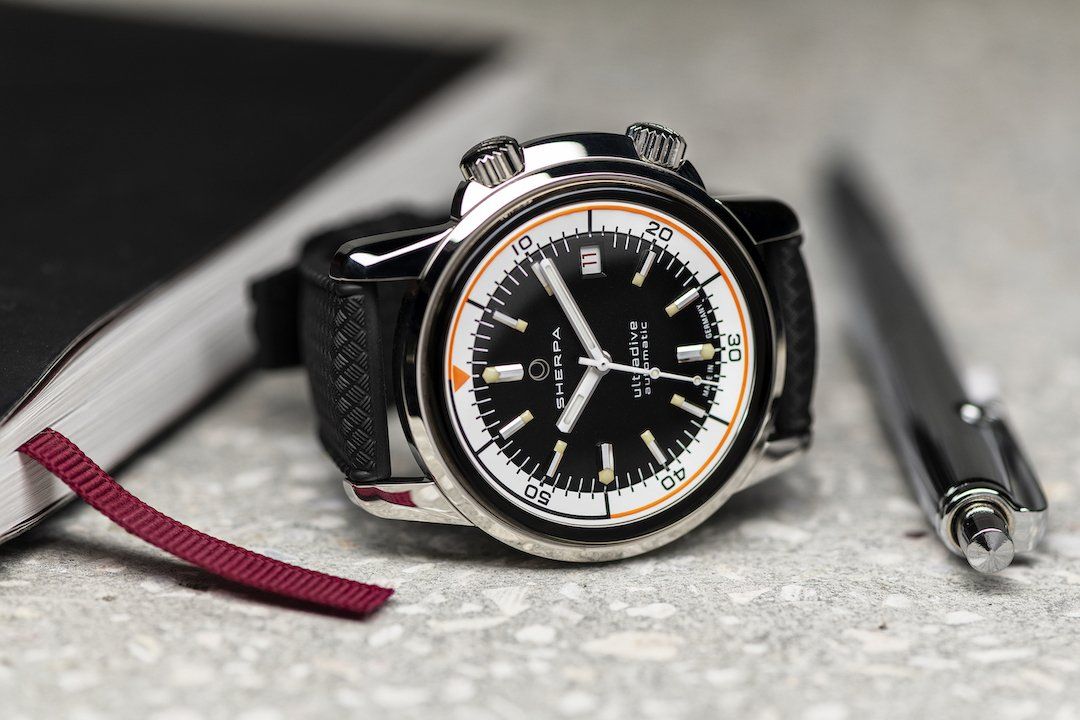 Both the Sherpa OPS and Ultradive (pictured above) feature a unique case conduction inspired by vintage Enicar watches from the 60s
