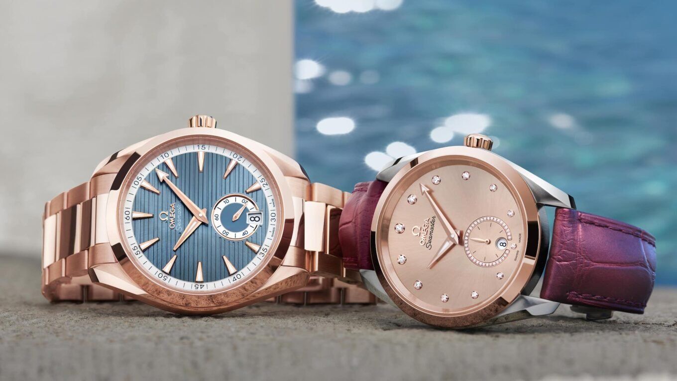 The 41mm Aqua Terra in full 18K Sedna™ gold and the 38mm with linen dial and diamond hour markers