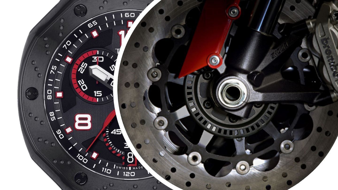 The bezel on the T-Race MotoGP Limited Edition 2023 is designed like the brake disc and caliper of a MotoGP bike
