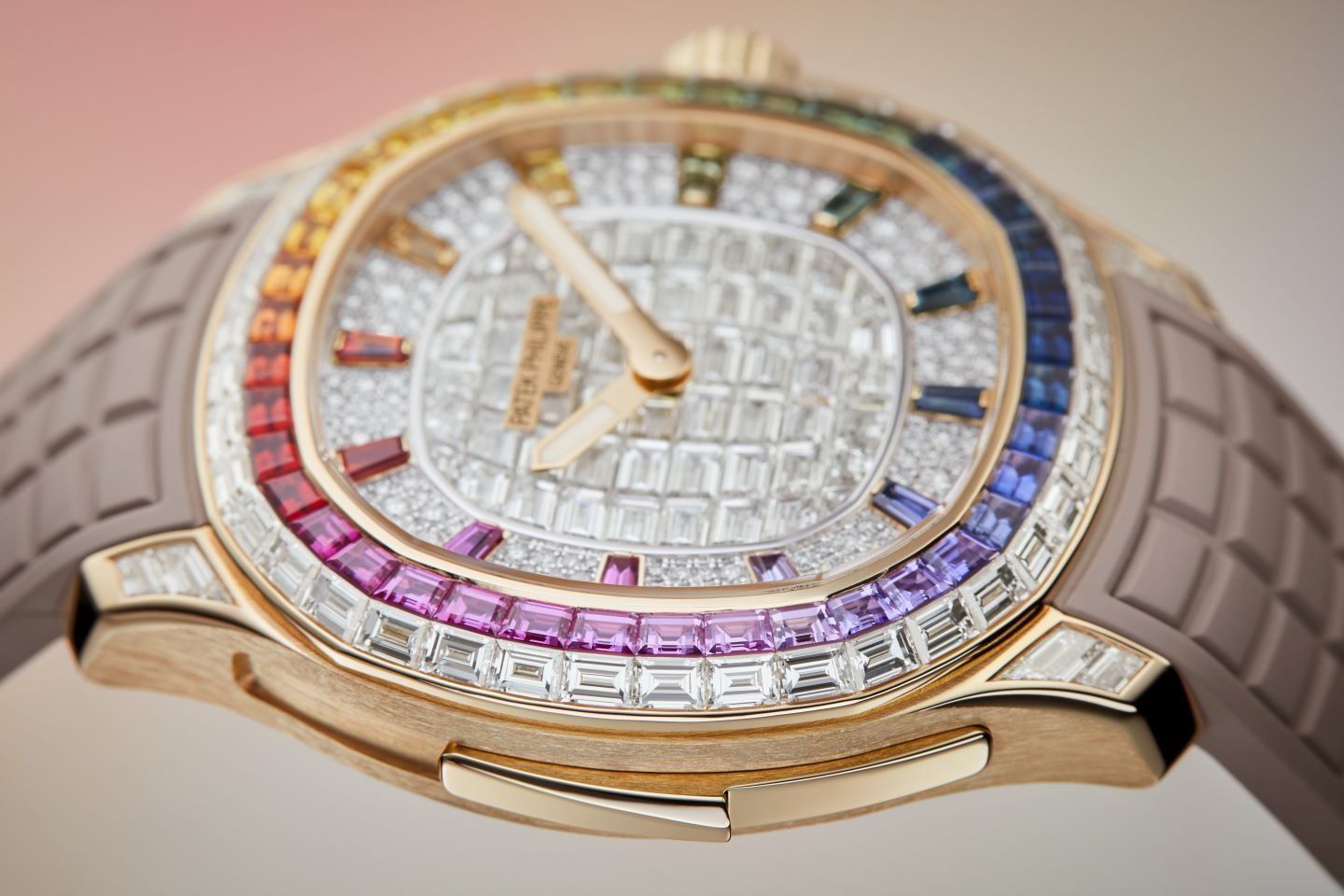 Patek Philippe: 52 baguette sapphires in an alluring color gradient with diamonds, while an even more dazzling salon edition features over 800 multicolored baguette. 