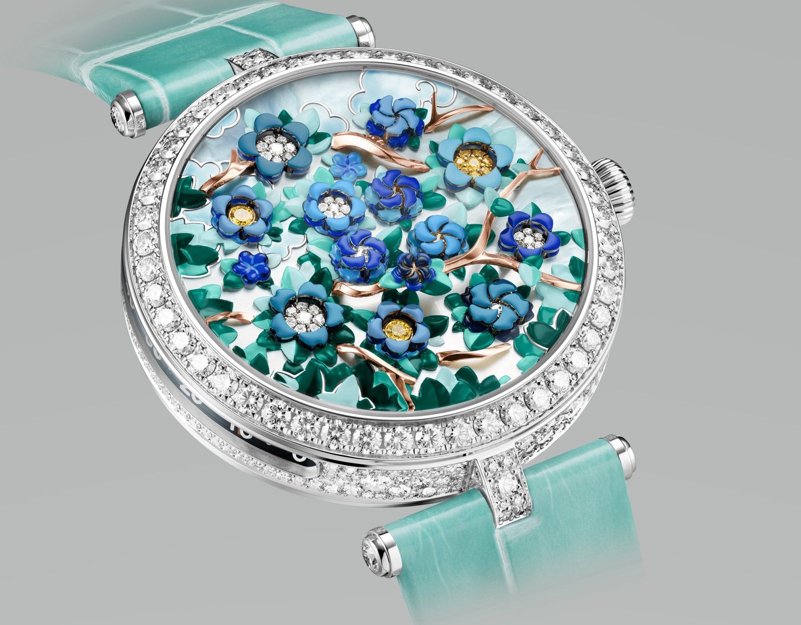 Lady Arpels Heures Florales watch, 38mm case in white gold, diamonds