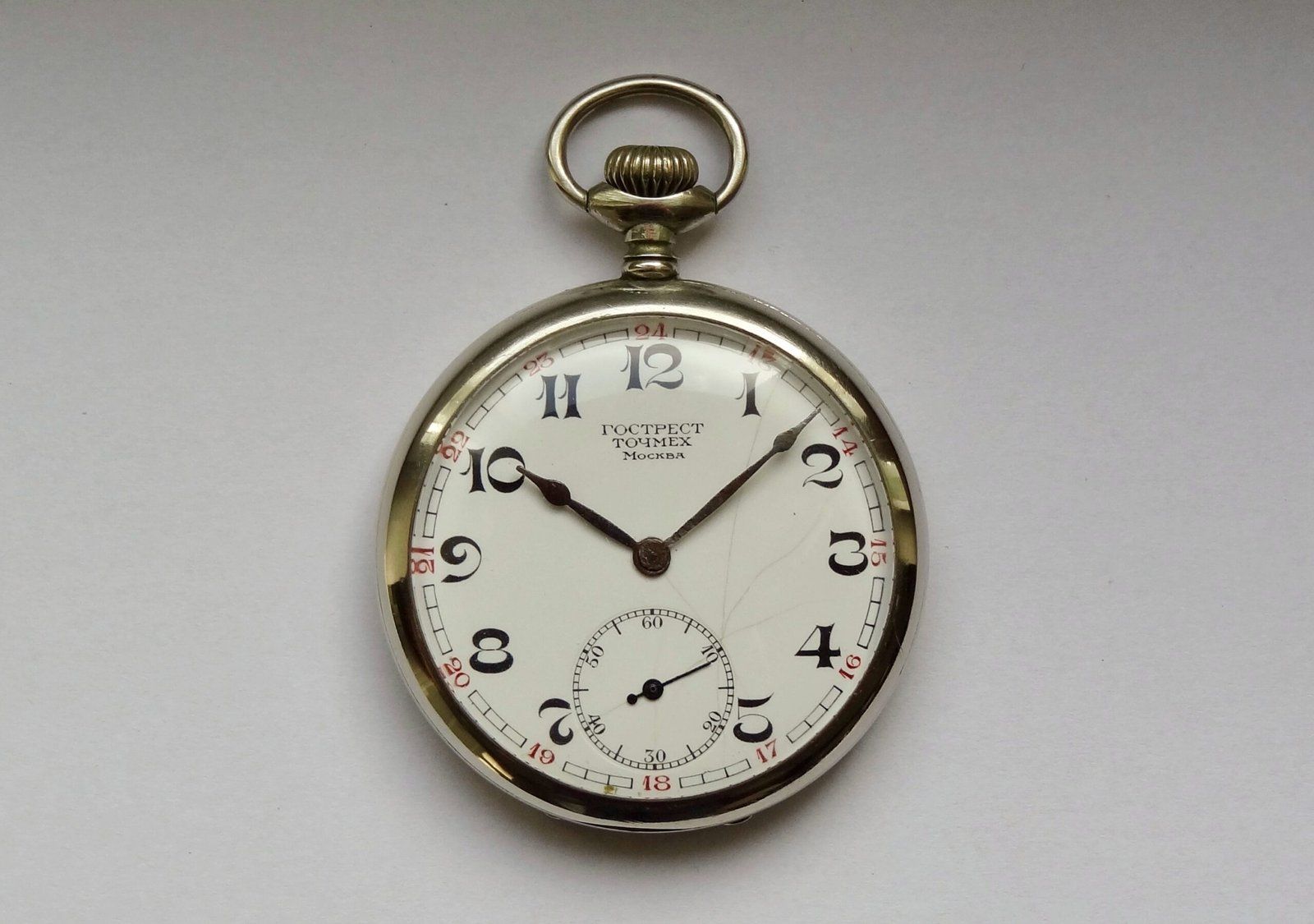 Gostrest Tochmekh pocket watches were made from salvaged/imported swiss watch parts mixed with domestically produced parts. (Courtesy: Dashiell Stanford; https://mroatman.wixsite.com/watches-of-the-ussr)