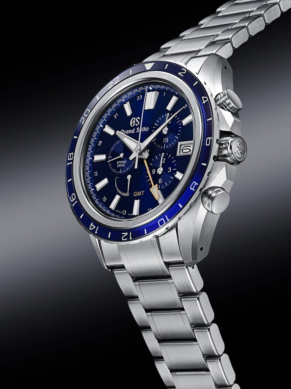 Grand Seiko Chronograph GMT Spring Drive featuring a blue dial and titanium case and bracelet