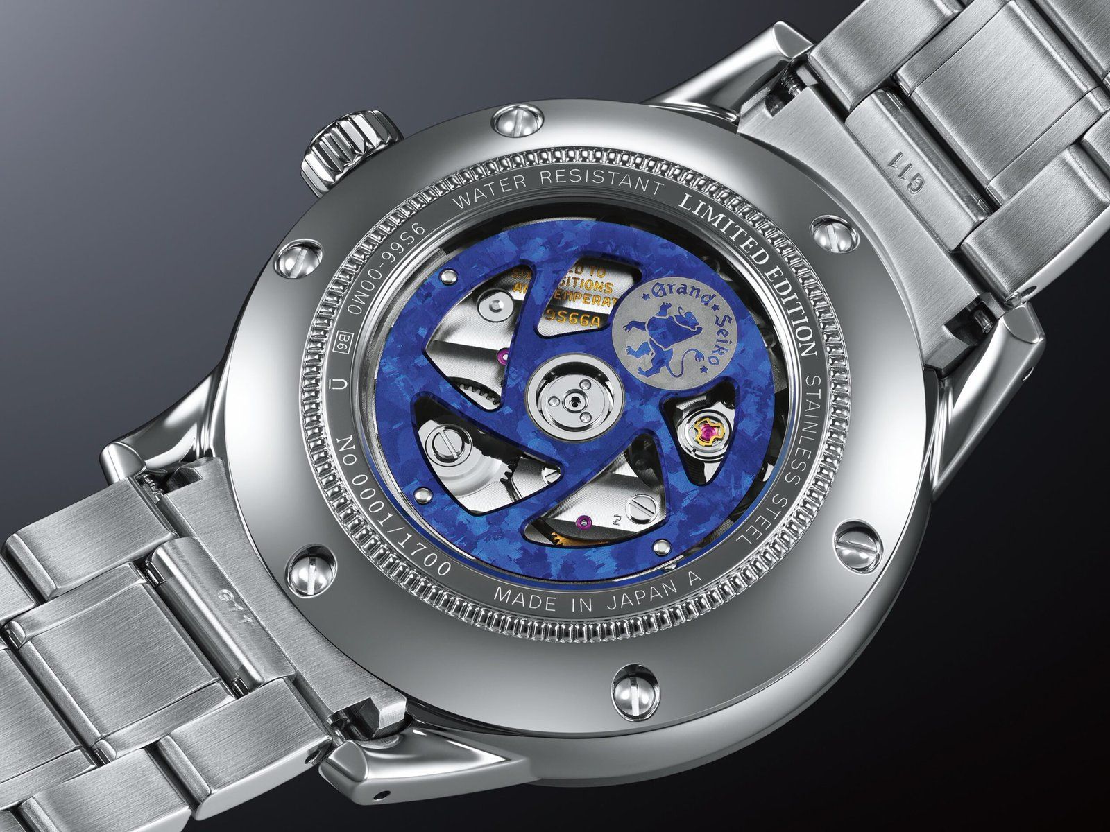 The clear sapphire crystal case back provides an invitation to view a titanium oscillating weight.