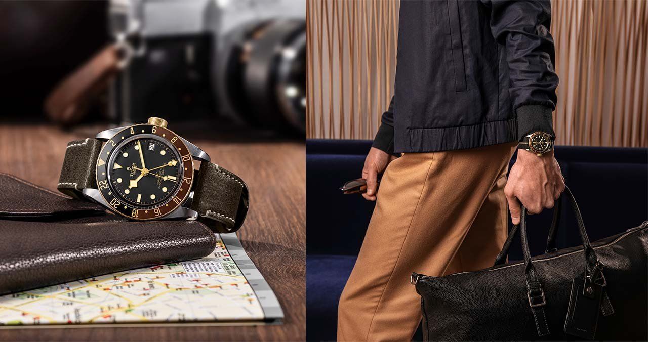 Black Bay GMT steel and gold with a brown leather strap (left) and black fabric strap with beige band (right)