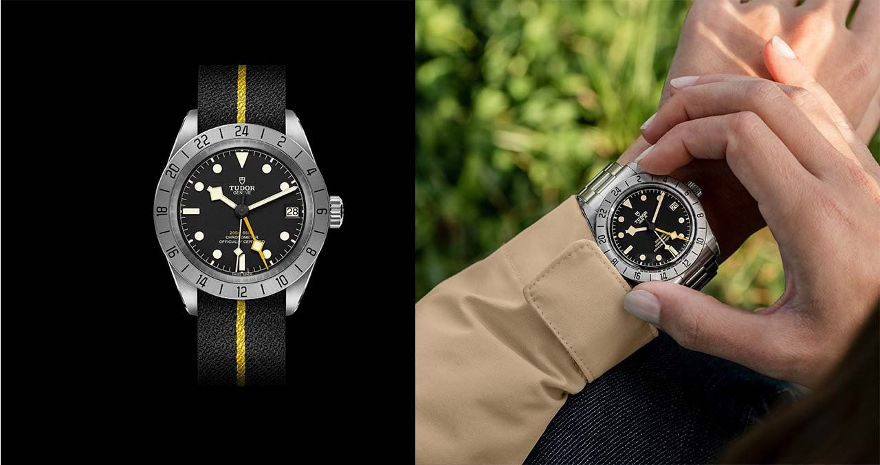 Black Bay Pro with a black fabric strap with yellow band (left) and riveted steel bracelet (right)