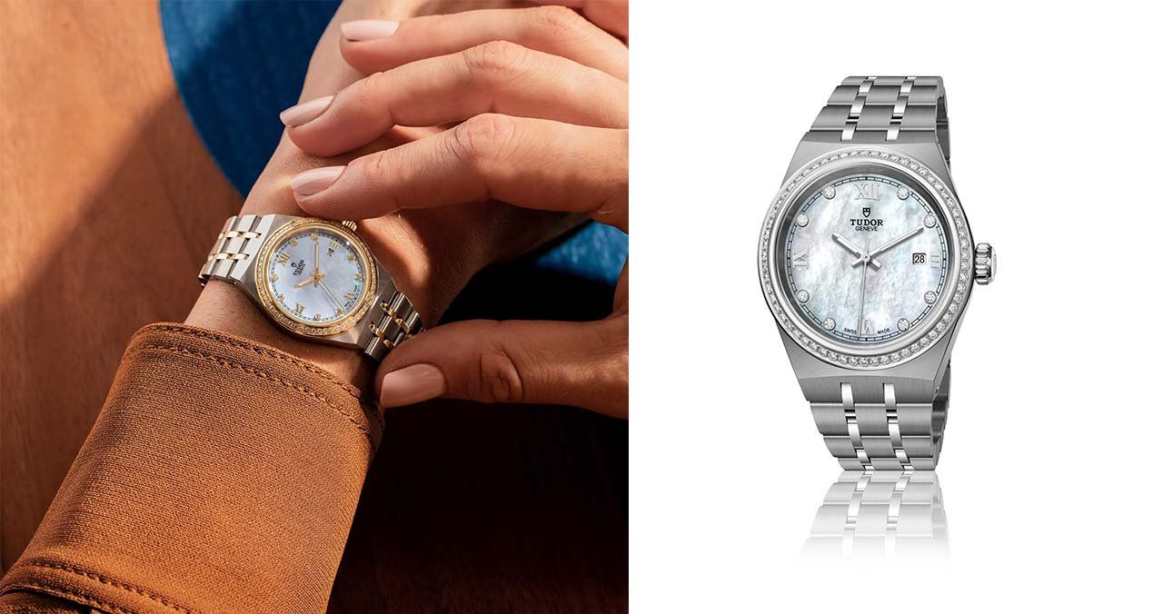 Tudor Royal timepieces boast a ‘five-link’ bracelet in gold and steel (left) and stainless steel (right)