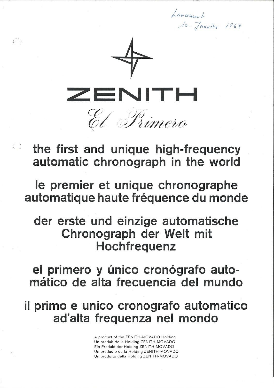The first and unique press release of the Zenith El Primero from 1969