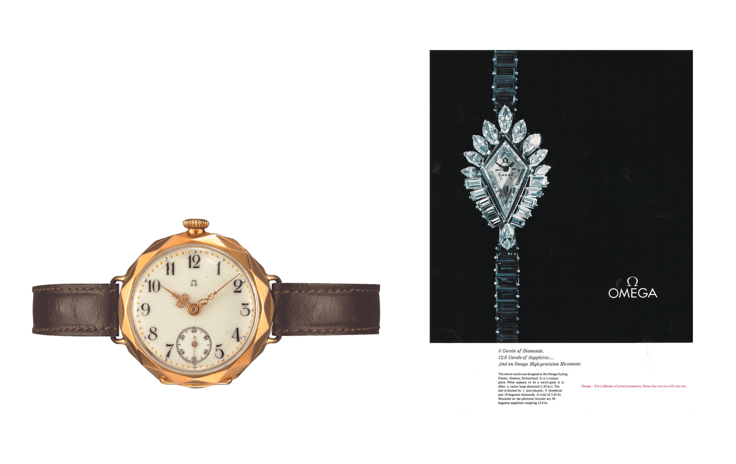 Omega ladies wrist watch from 1906 (L), Omega 1959 advertisement (R)
