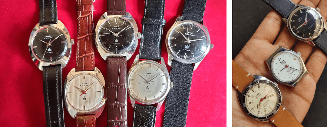 HMT Chinar and Kamal (Left, Courtesy: Mr. Bipin Thakur) and HMT Sportstar, Shiva and Nishat on the right made in Watch Factory-III