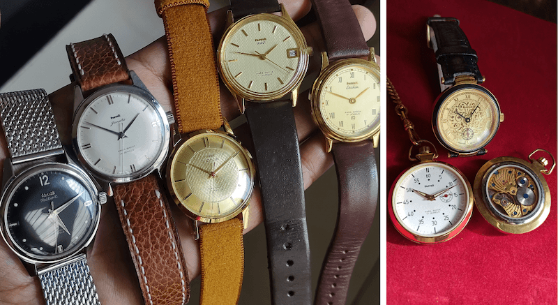 General Hand-winding models like Janata, Pilot, Ravi (dater), Sachin (2 hands), Kohinoor (Left) and rare hand-winding models like Kaushal (Side seconds) and Pocket watches (Right)