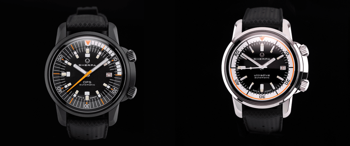 The Sherpa OPS and Ultradive watches have minor variations in case, bezel, and dial design or finishing